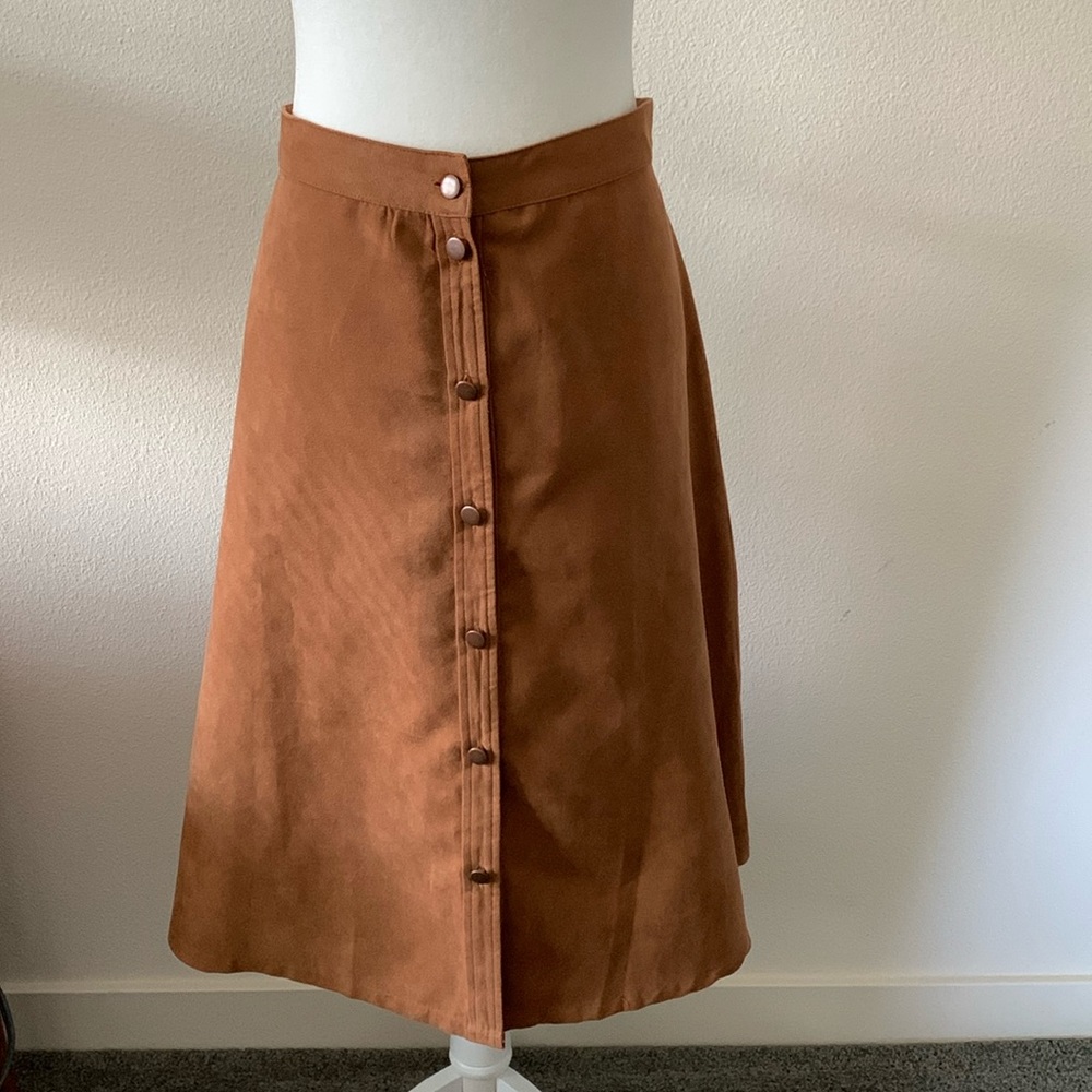 Brown Suede-like Midi-Length Skirt